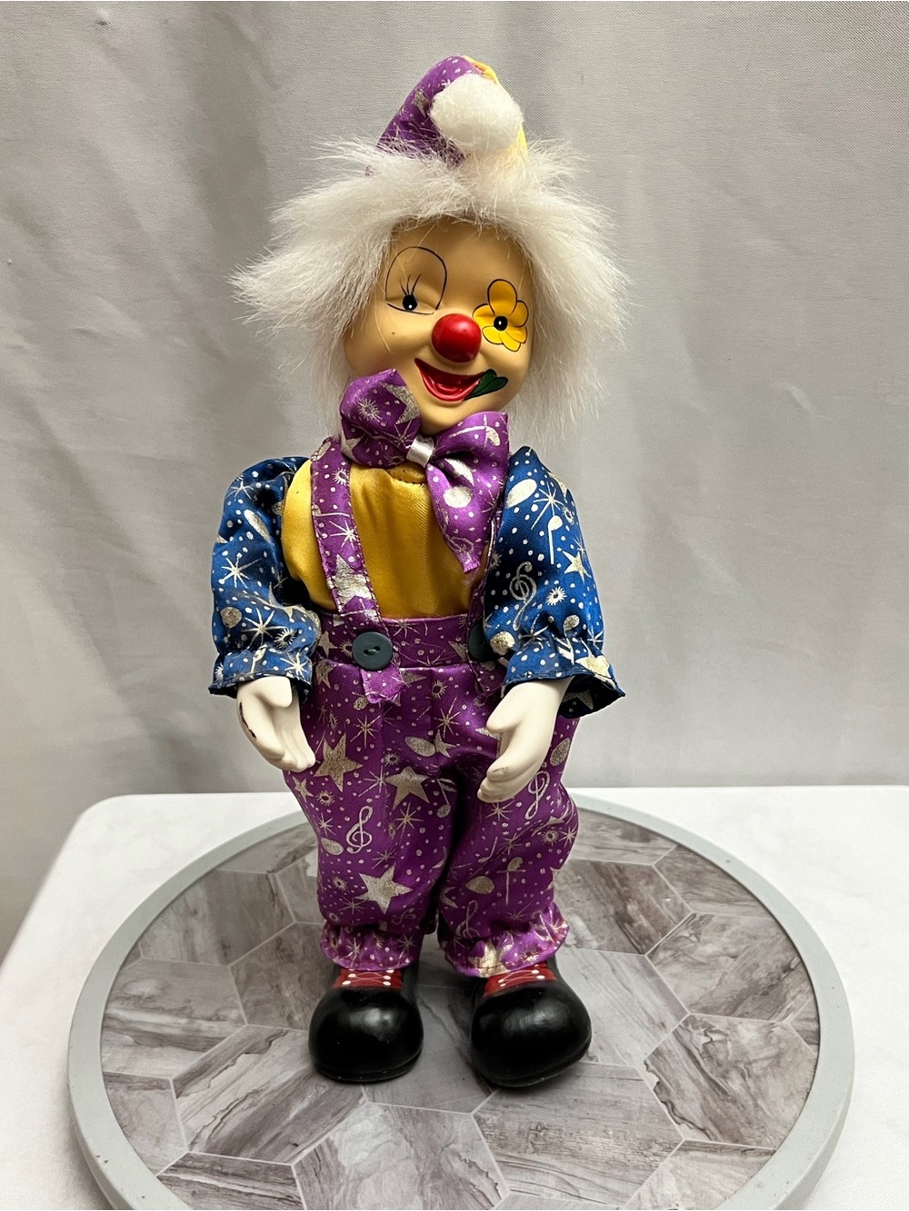Vintage Musical Clown Doll Purple Star Outfit 15” Plays Music